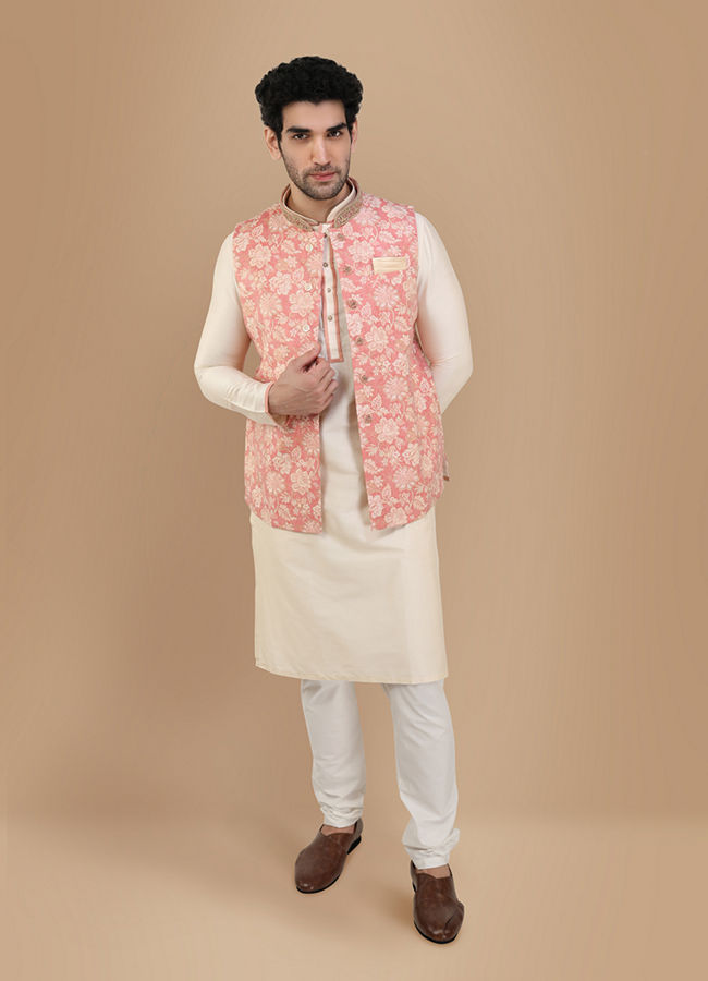 Peach And Cream Festive Kurta Jacket With Floral Detailing